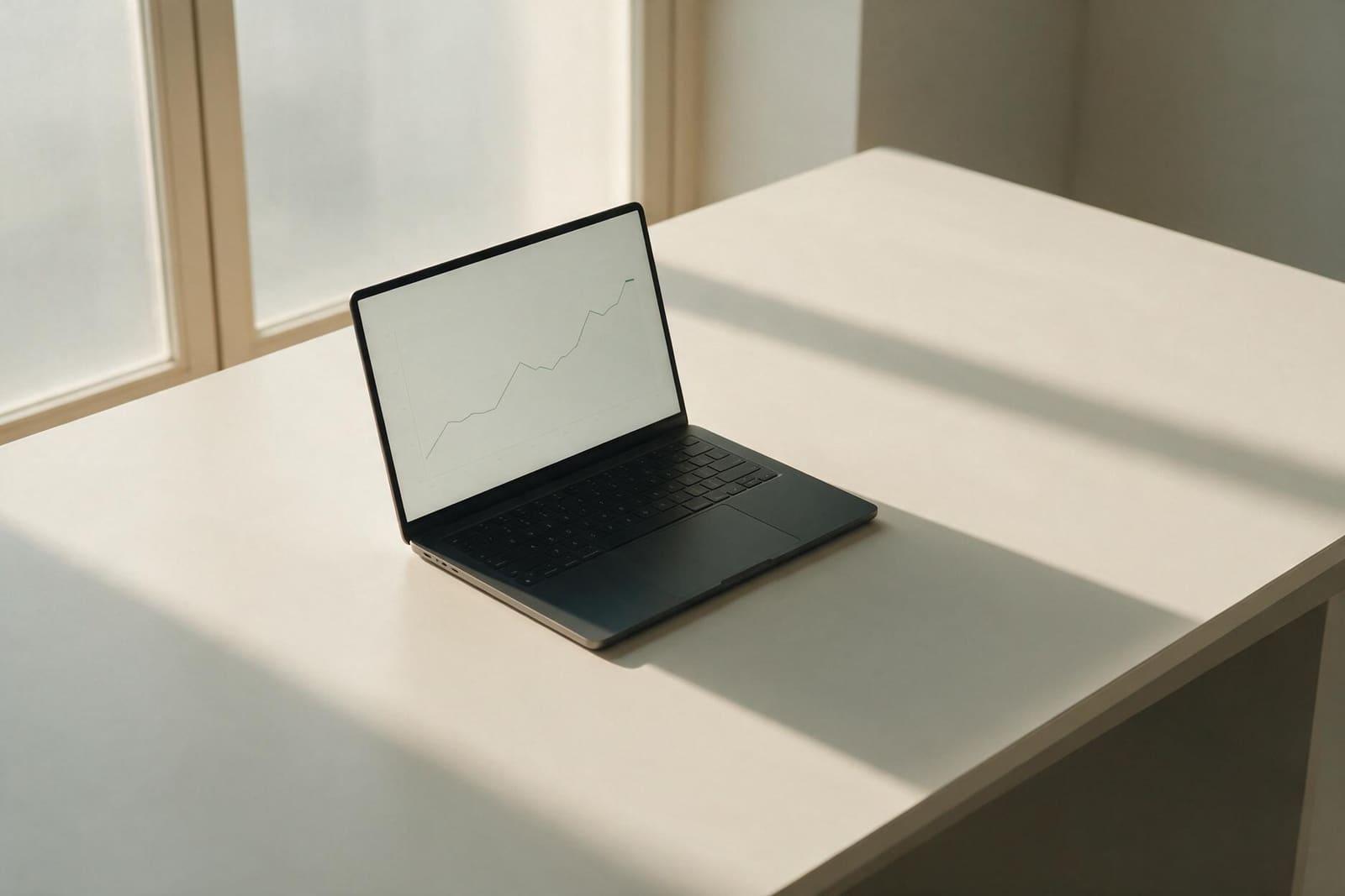 Pencereden gelen ışıkta, açık renkli bir masada duran koyu renkli dizüstü bilgisayar; ekranında sade bir çizgi grafik var.